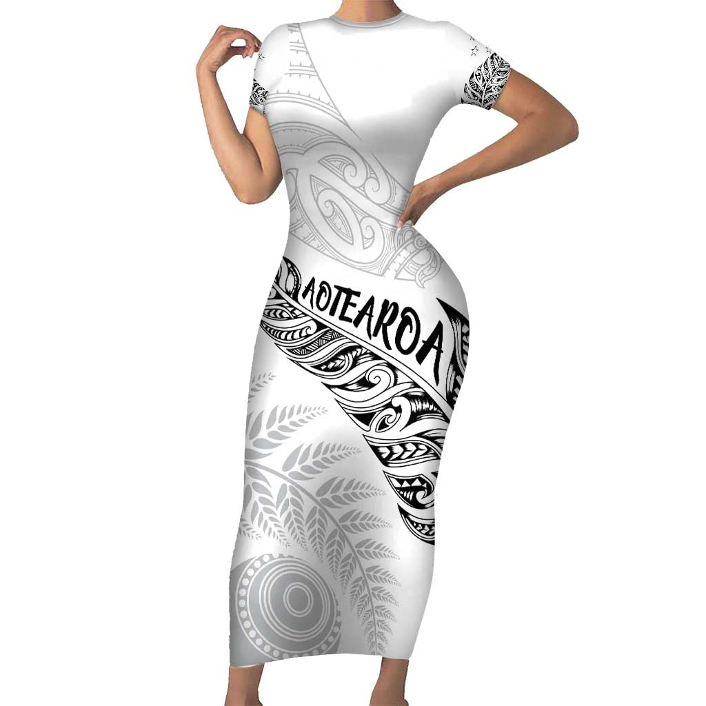 Aotearoa Personalized Lawn Bowls Maori Family Matching Short Sleeve Bodycon Dress and Hawaiian Shirt New Zealand White Tribal Silver Fern - Polynesian Pride