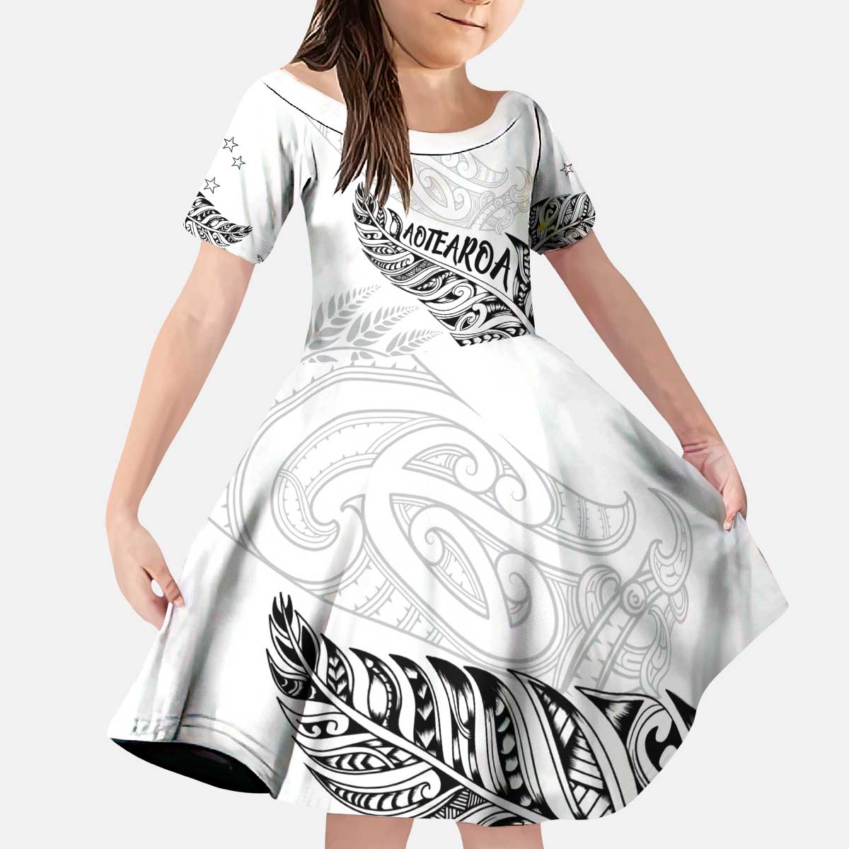Aotearoa Personalized Lawn Bowls Maori Kid Short Sleeve Dress New Zealand White Tribal Silver Fern - Polynesian Pride