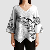 Aotearoa Personalized Lawn Bowls Maori Kimono Sleeve Blouse New Zealand White Tribal Silver Fern - Polynesian Pride