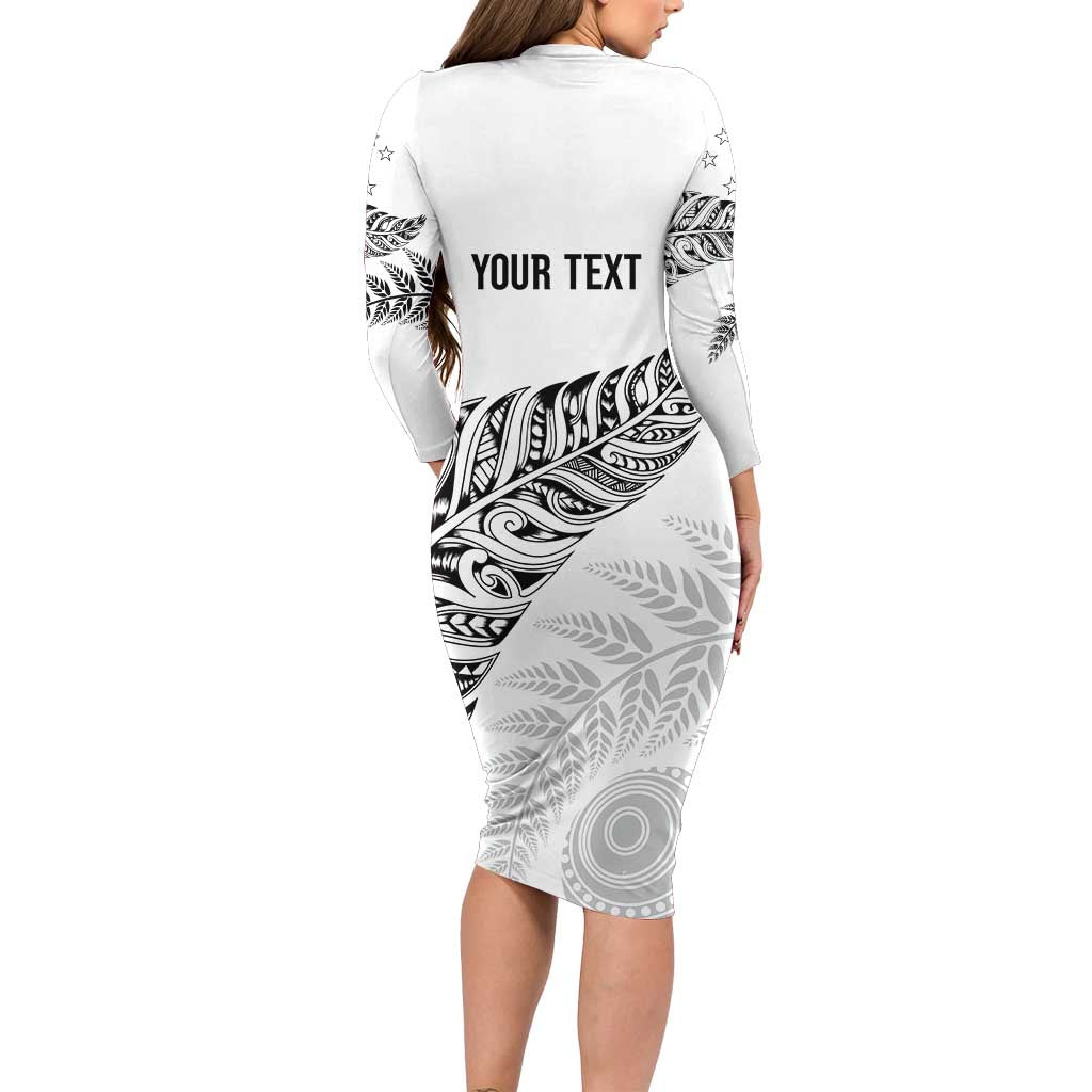 Aotearoa Personalized Lawn Bowls Maori Long Sleeve Bodycon Dress New Zealand White Tribal Silver Fern - Polynesian Pride