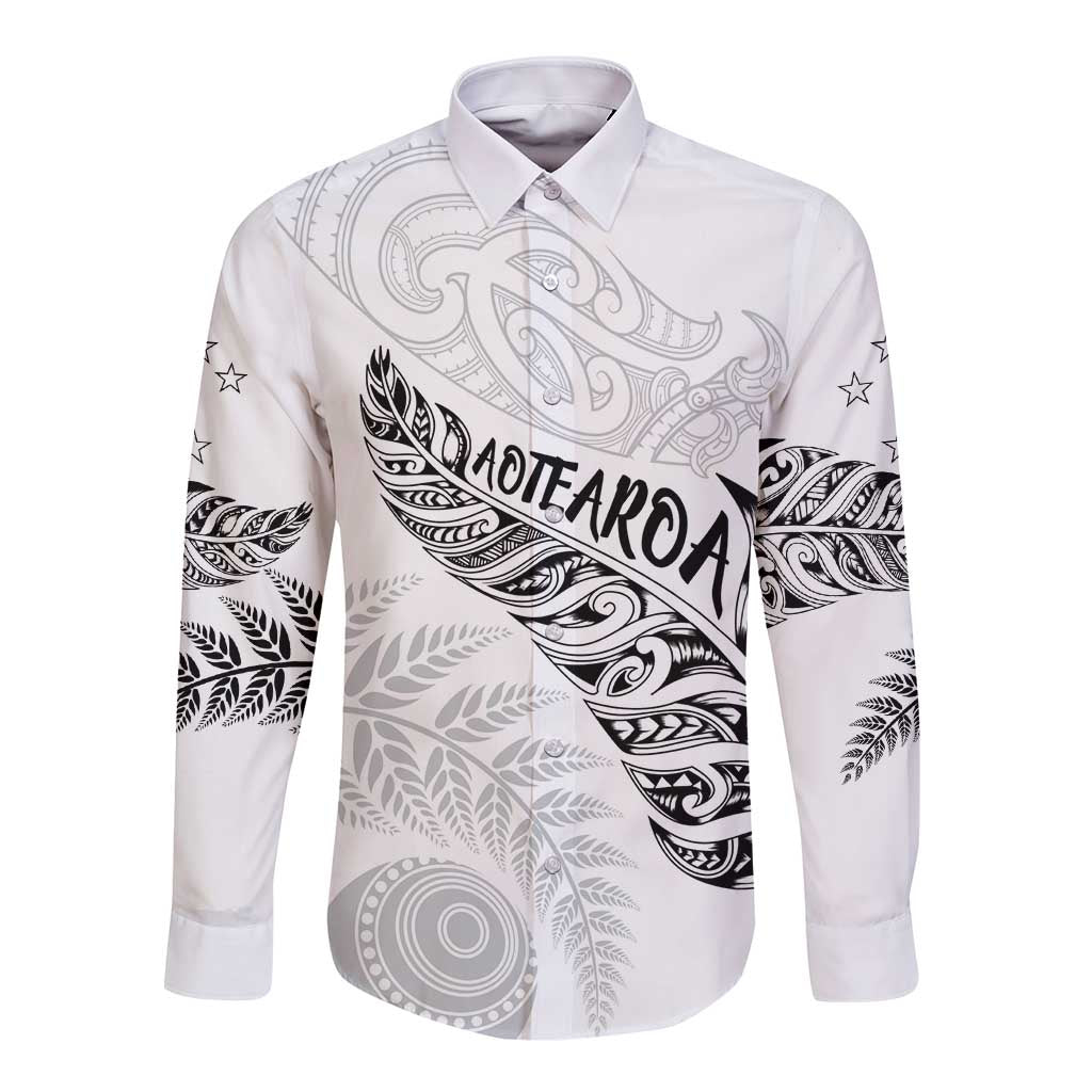 Aotearoa Personalized Lawn Bowls Maori Long Sleeve Button Shirt New Zealand White Tribal Silver Fern - Polynesian Pride