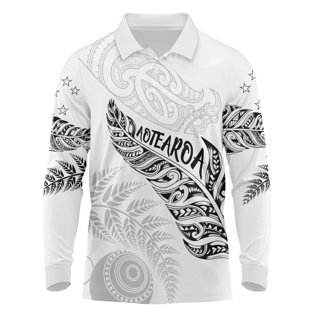 Aotearoa Personalized Lawn Bowls Maori Long Sleeve Polo Shirt New Zealand White Tribal Silver Fern - Polynesian Pride