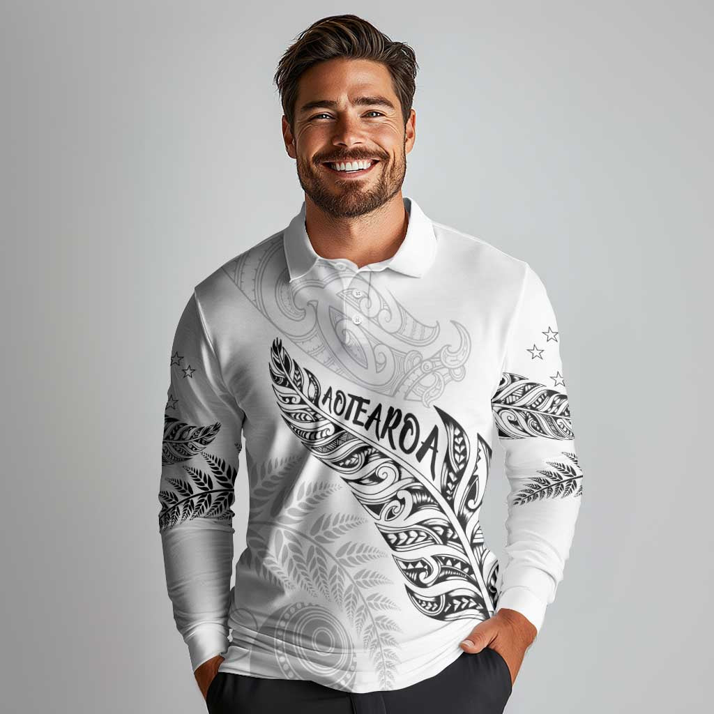 Aotearoa Personalized Lawn Bowls Maori Long Sleeve Polo Shirt New Zealand White Tribal Silver Fern - Polynesian Pride