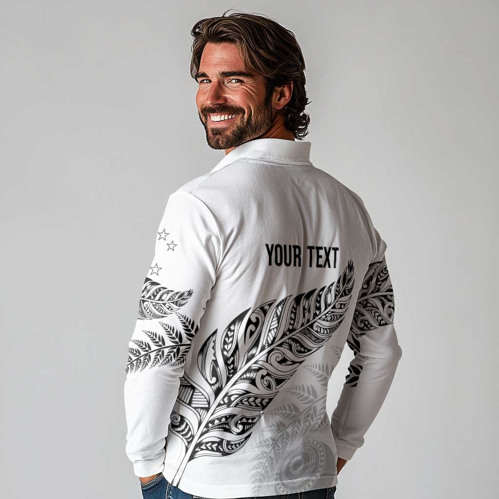 Aotearoa Personalized Lawn Bowls Maori Long Sleeve Polo Shirt New Zealand White Tribal Silver Fern - Polynesian Pride