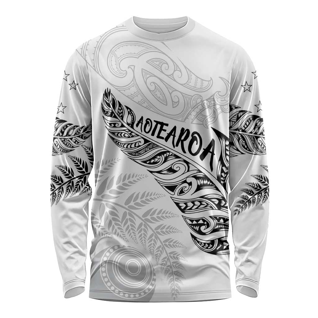 Aotearoa Personalized Lawn Bowls Maori Long Sleeve Shirt New Zealand White Tribal Silver Fern - Polynesian Pride