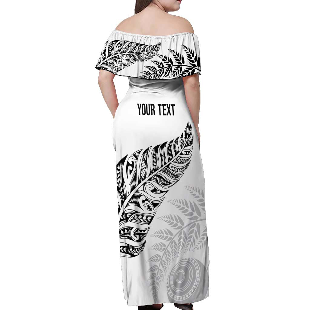 Aotearoa Personalized Lawn Bowls Maori Off Shoulder Maxi Dress New Zealand White Tribal Silver Fern - Polynesian Pride