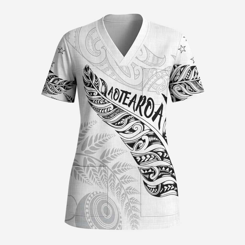 Aotearoa Personalized Lawn Bowls Maori Scrub Top New Zealand White Tribal Silver Fern - Polynesian Pride
