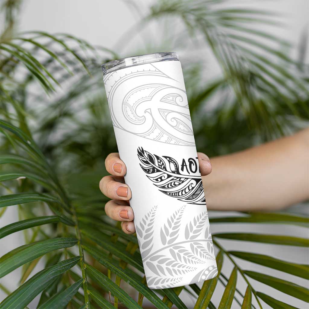 Aotearoa Personalized Lawn Bowls Maori Skinny Tumbler New Zealand White Tribal Silver Fern - Polynesian Pride