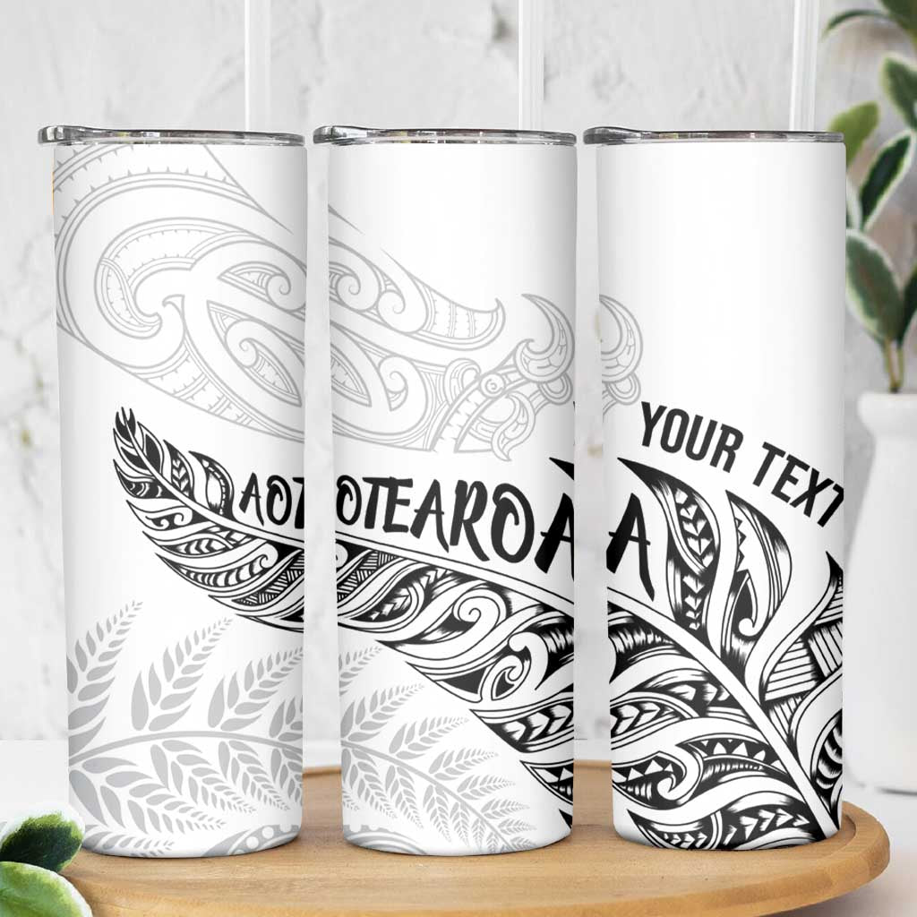 Aotearoa Personalized Lawn Bowls Maori Skinny Tumbler New Zealand White Tribal Silver Fern - Polynesian Pride