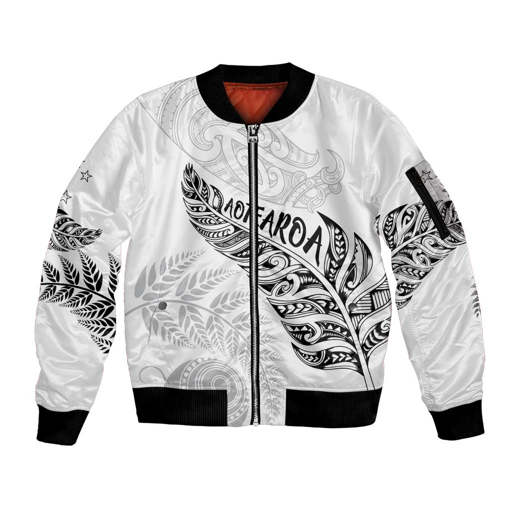 Aotearoa Personalized Lawn Bowls Maori Sleeve Zip Bomber Jacket New Zealand White Tribal Silver Fern - Polynesian Pride