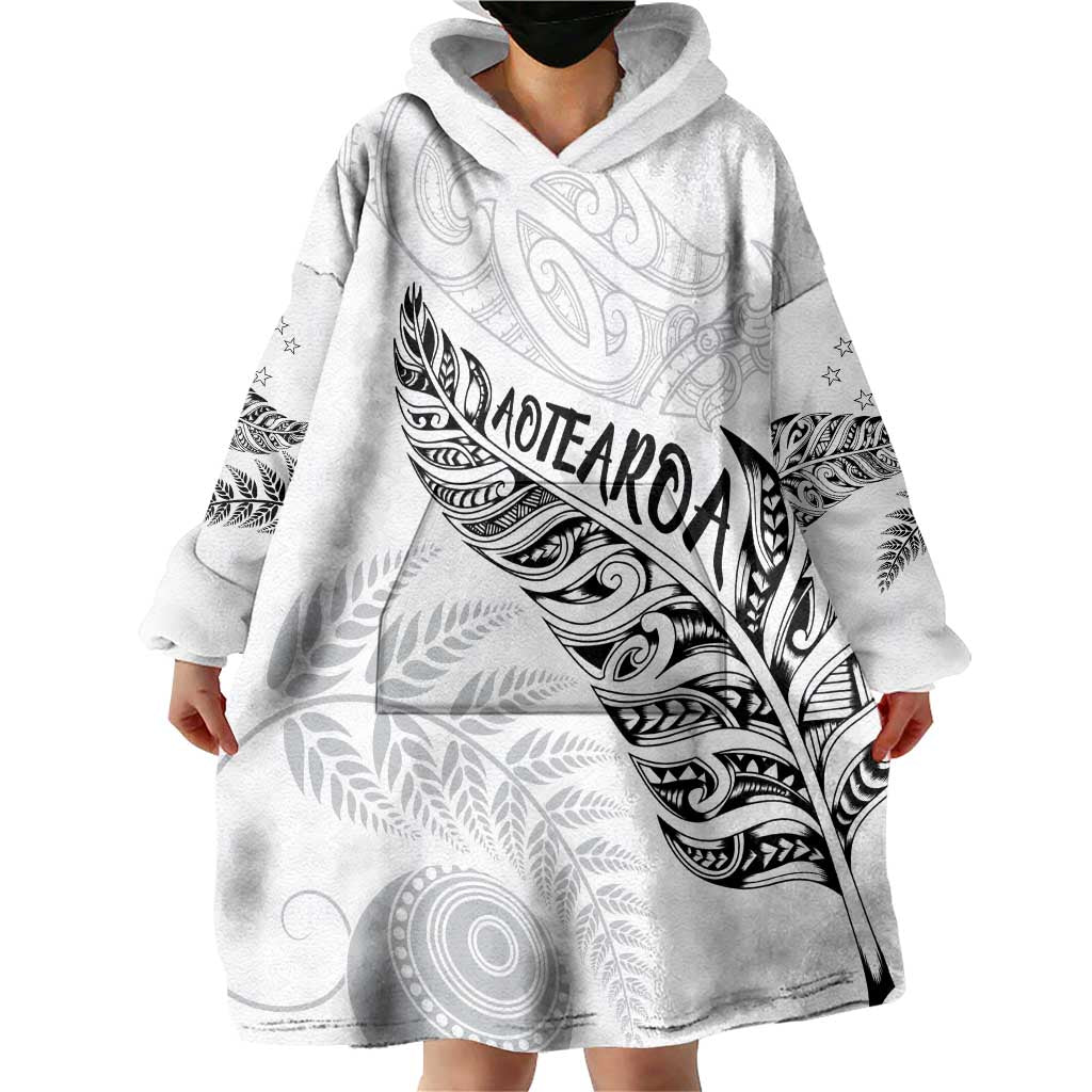 Aotearoa Personalized Lawn Bowls Maori Wearable Blanket Hoodie New Zealand White Tribal Silver Fern - Polynesian Pride