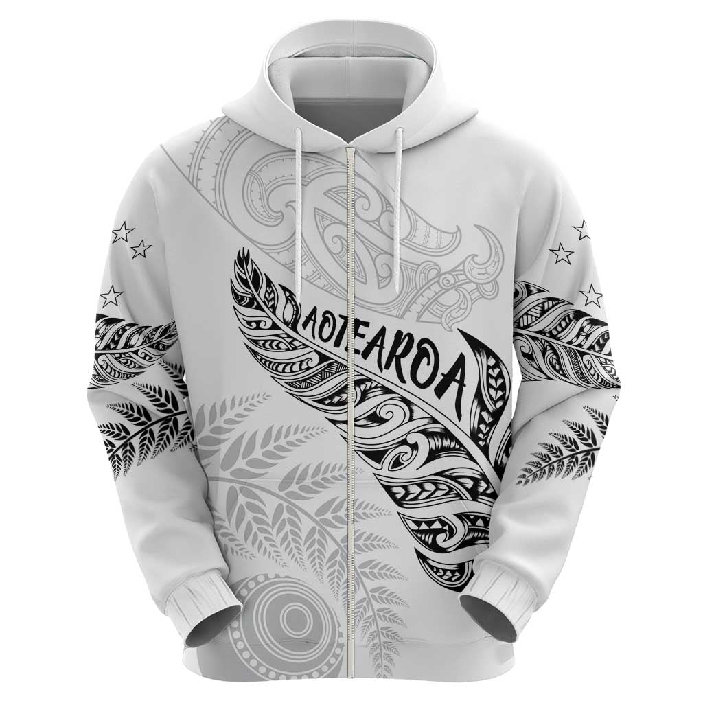 Aotearoa Personalized Lawn Bowls Maori Zip Hoodie New Zealand White Tribal Silver Fern - Polynesian Pride