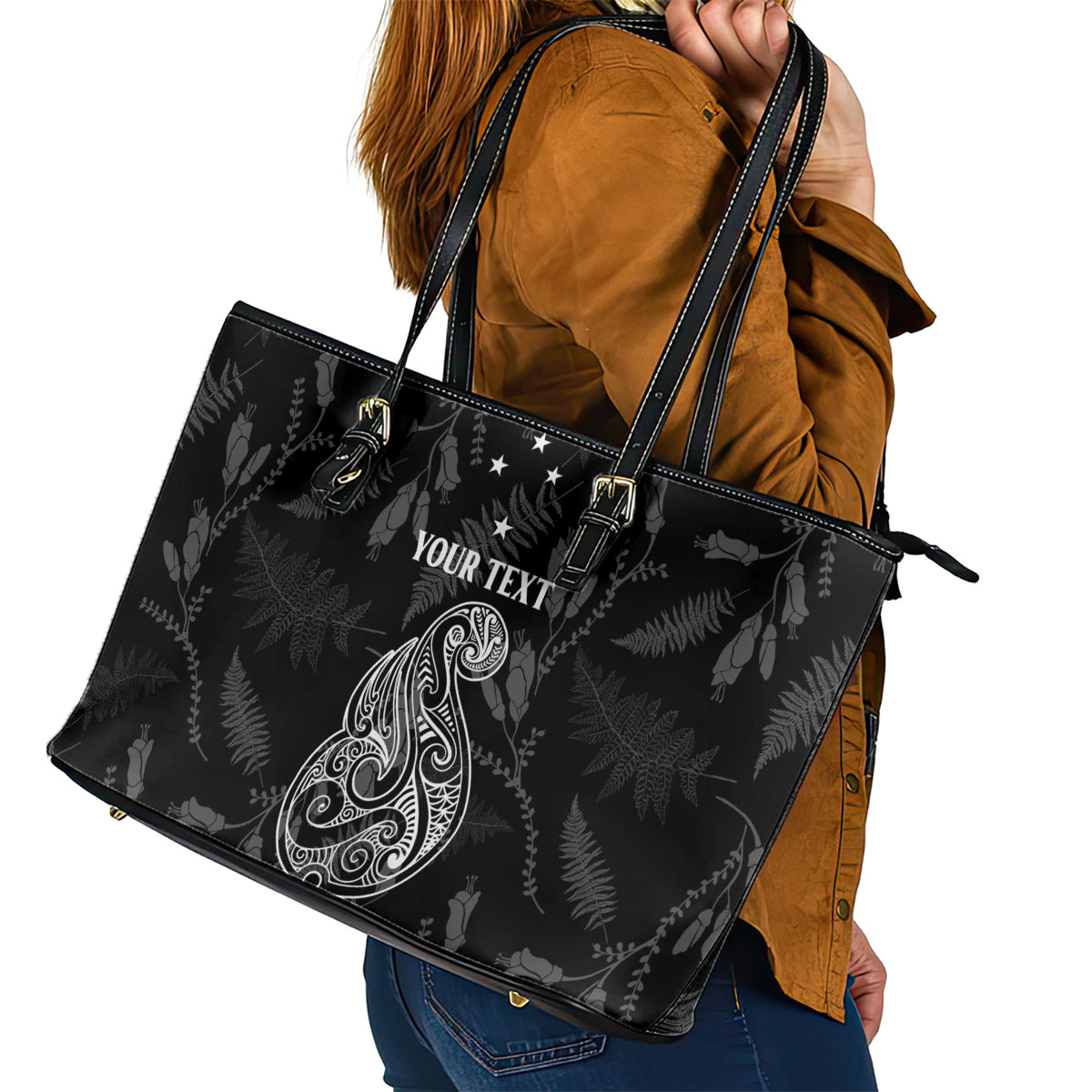 Personalised Maori Waitangi Leather Tote Bag New Zealand Silver Fern Mix Kowhai Flowers LT7 - Polynesian Pride