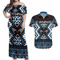 Personalised Taniko Motifs Aotearoa Couples Matching Off Shoulder Maxi Dress and Hawaiian Shirt Waitangi Kowhaiwhai Kiwi - Blue