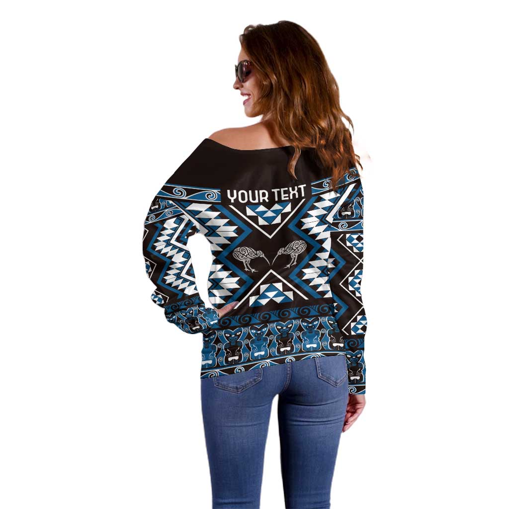 Personalised Taniko Motifs Aotearoa Off Shoulder Sweater Waitangi Kowhaiwhai Kiwi - Blue