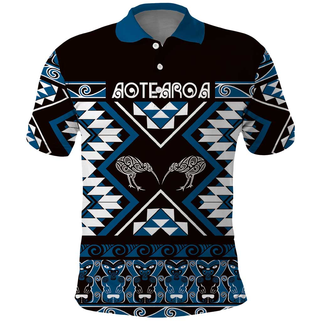 Personalised Taniko Motifs Aotearoa Polo Shirt Waitangi Kowhaiwhai Kiwi - Blue LT7 Blue - Polynesian Pride