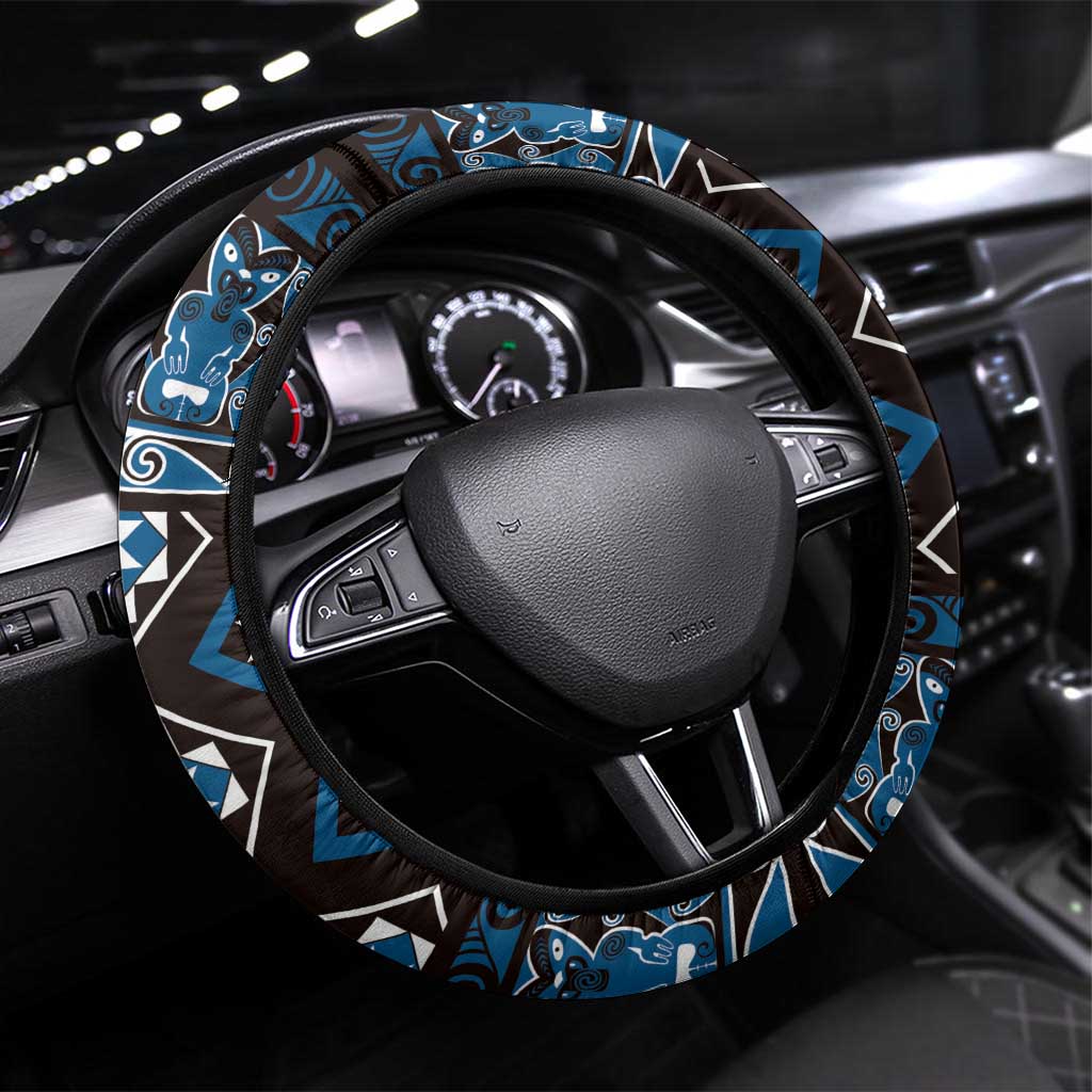 Taniko Motifs Aotearoa Steering Wheel Cover Waitangi Kowhaiwhai Kiwi - Blue