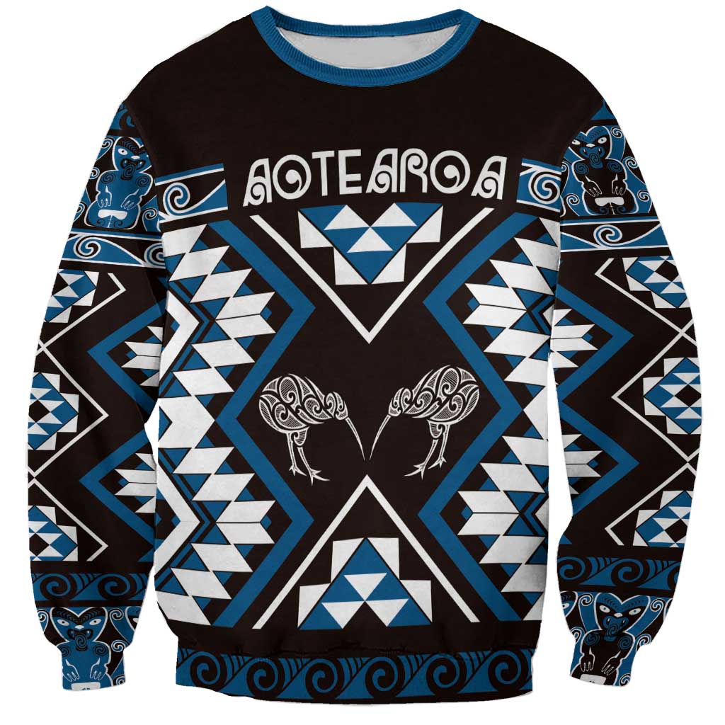 Personalised Taniko Motifs Aotearoa Sweatshirt Waitangi Kowhaiwhai Kiwi - Blue LT7 Unisex Blue - Polynesian Pride