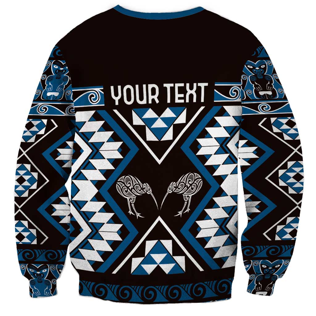 Personalised Taniko Motifs Aotearoa Sweatshirt Waitangi Kowhaiwhai Kiwi - Blue LT7 - Polynesian Pride