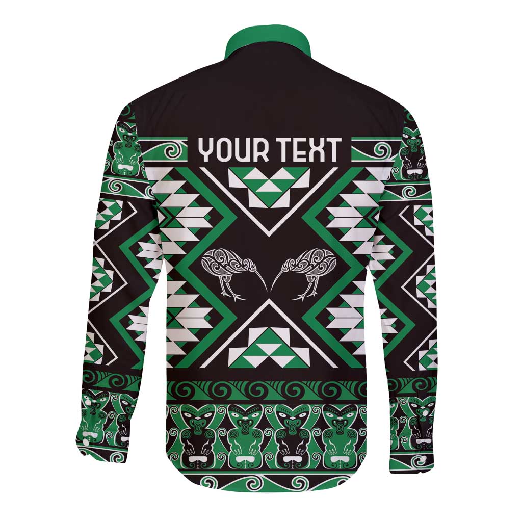 Personalised Taniko Motifs Aotearoa Long Sleeve Button Shirt Waitangi Kowhaiwhai Kiwi - Green