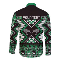 Personalised Taniko Motifs Aotearoa Long Sleeve Button Shirt Waitangi Kowhaiwhai Kiwi - Green