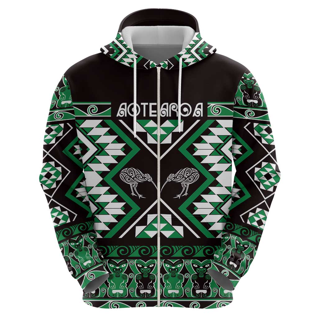Personalised Taniko Motifs Aotearoa Zip Hoodie Waitangi Kowhaiwhai Kiwi - Green