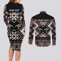 Personalised Taniko Motifs Aotearoa Couples Matching Long Sleeve Bodycon Dress and Long Sleeve Button Shirt Waitangi Kowhaiwhai Kiwi - Mocha