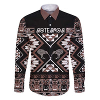 Personalised Taniko Motifs Aotearoa Family Matching Long Sleeve Bodycon Dress and Hawaiian Shirt Waitangi Kowhaiwhai Kiwi - Mocha