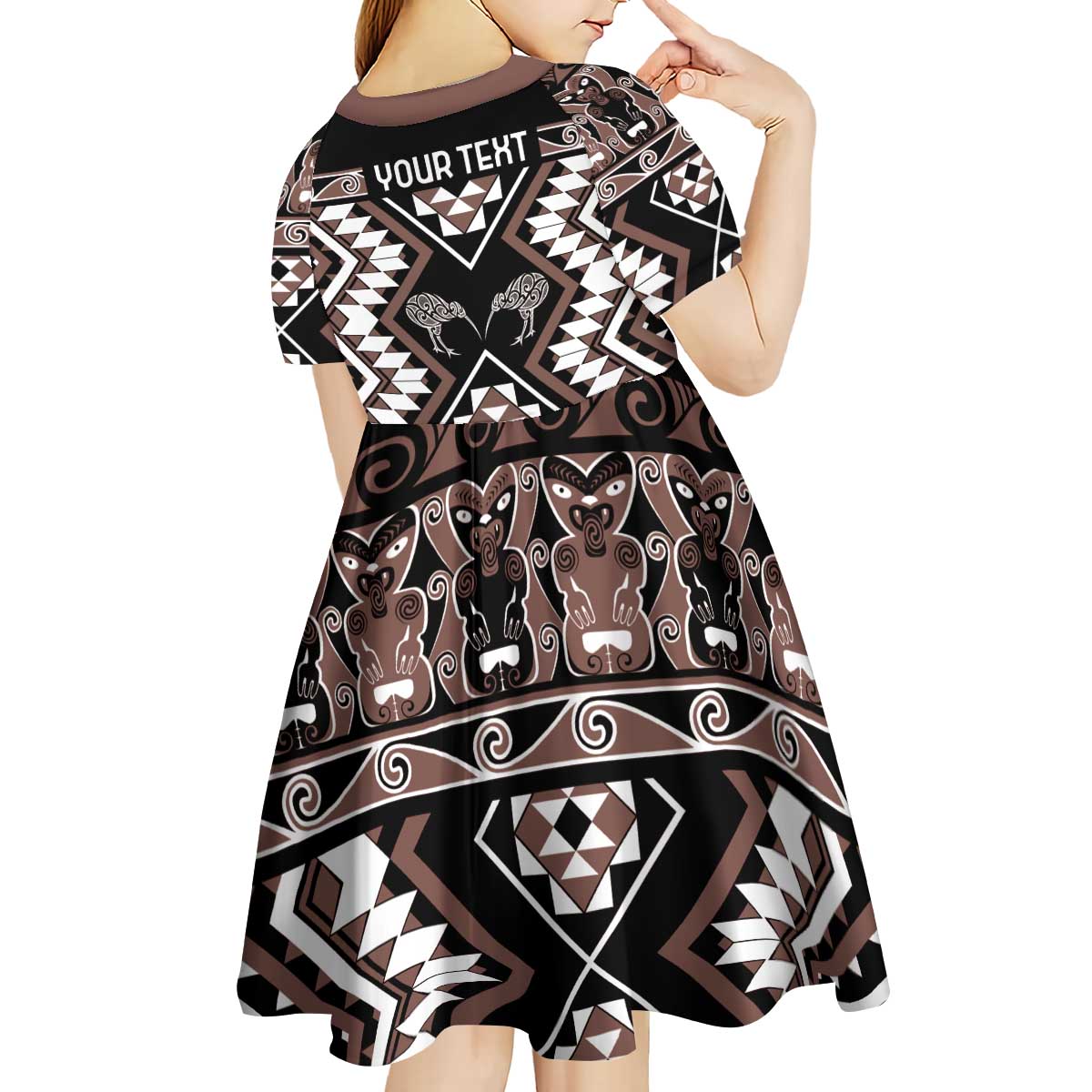 Personalised Taniko Motifs Aotearoa Kid Short Sleeve Dress Waitangi Kowhaiwhai Kiwi - Mocha