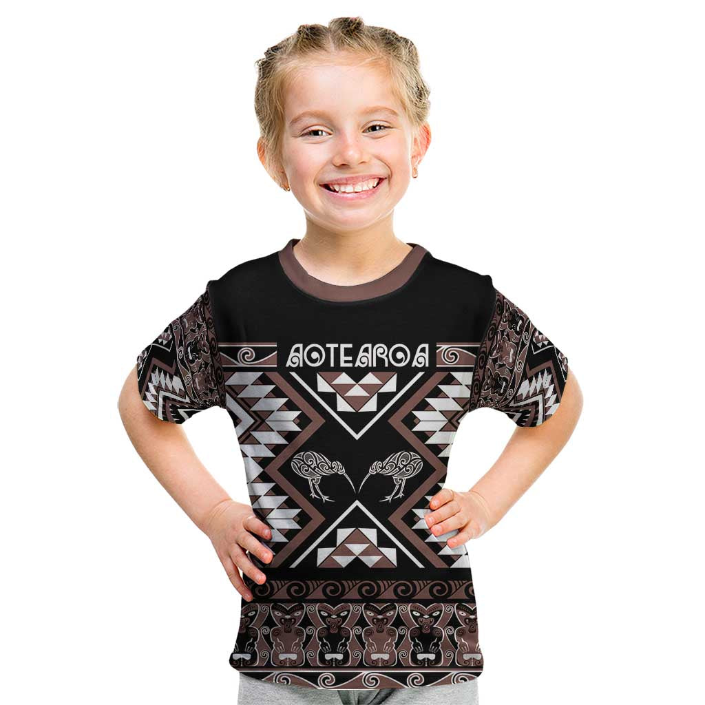 Personalised Taniko Motifs Aotearoa Kid T Shirt Waitangi Kowhaiwhai Kiwi - Mocha LT7 Mocha - Polynesian Pride