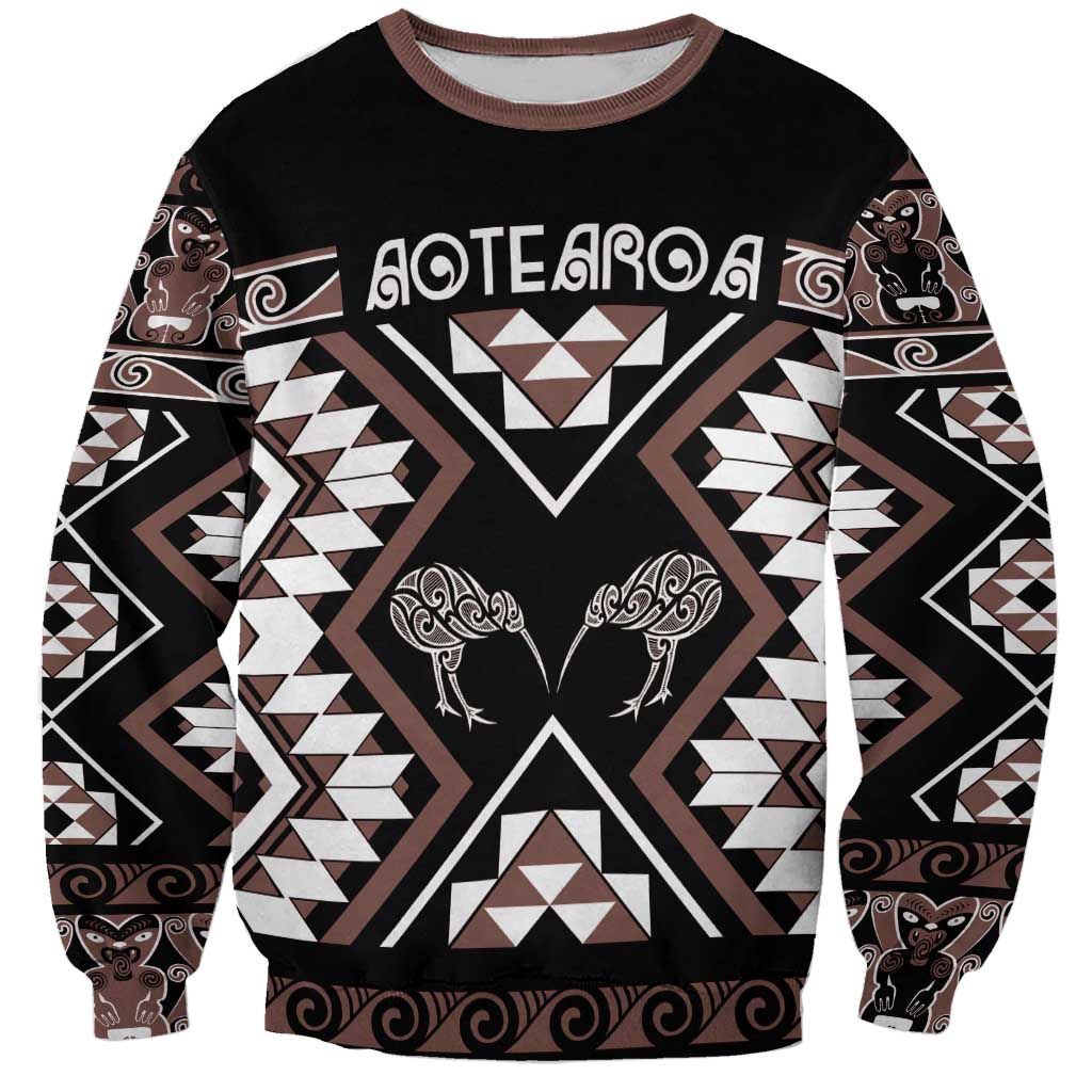 Personalised Taniko Motifs Aotearoa Sweatshirt Waitangi Kowhaiwhai Kiwi - Mocha LT7 Unisex Mocha - Polynesian Pride