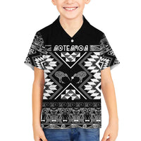 Personalised Taniko Motifs Aotearoa Family Matching Off Shoulder Short Dress and Hawaiian Shirt Waitangi Kowhaiwhai Kiwi - Monochrome