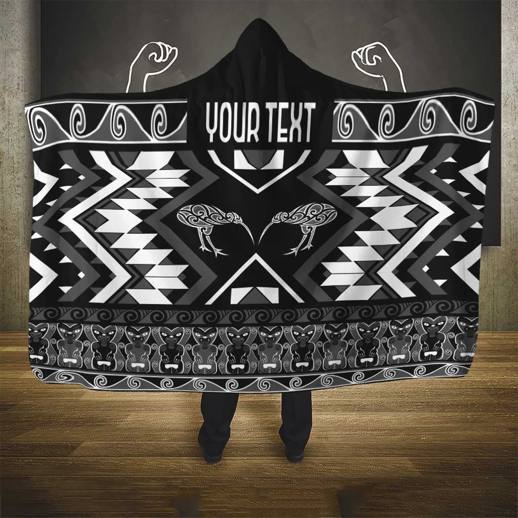 Personalised Taniko Motifs Aotearoa Hooded Blanket Waitangi Kowhaiwhai Kiwi - Monochrome LT7 - Polynesian Pride