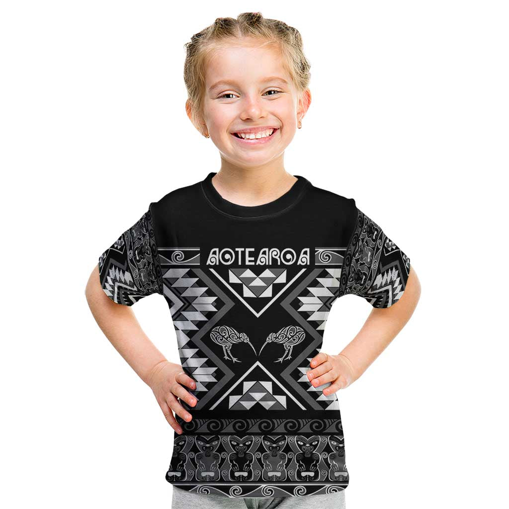 Personalised Taniko Motifs Aotearoa Kid T Shirt Waitangi Kowhaiwhai Kiwi - Monochrome LT7 Grey - Polynesian Pride