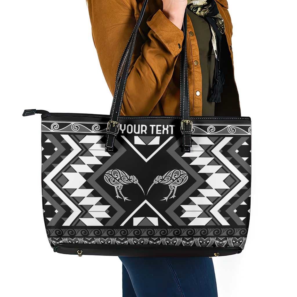 Personalised Taniko Motifs Aotearoa Leather Tote Bag Waitangi Kowhaiwhai Kiwi - Monochrome