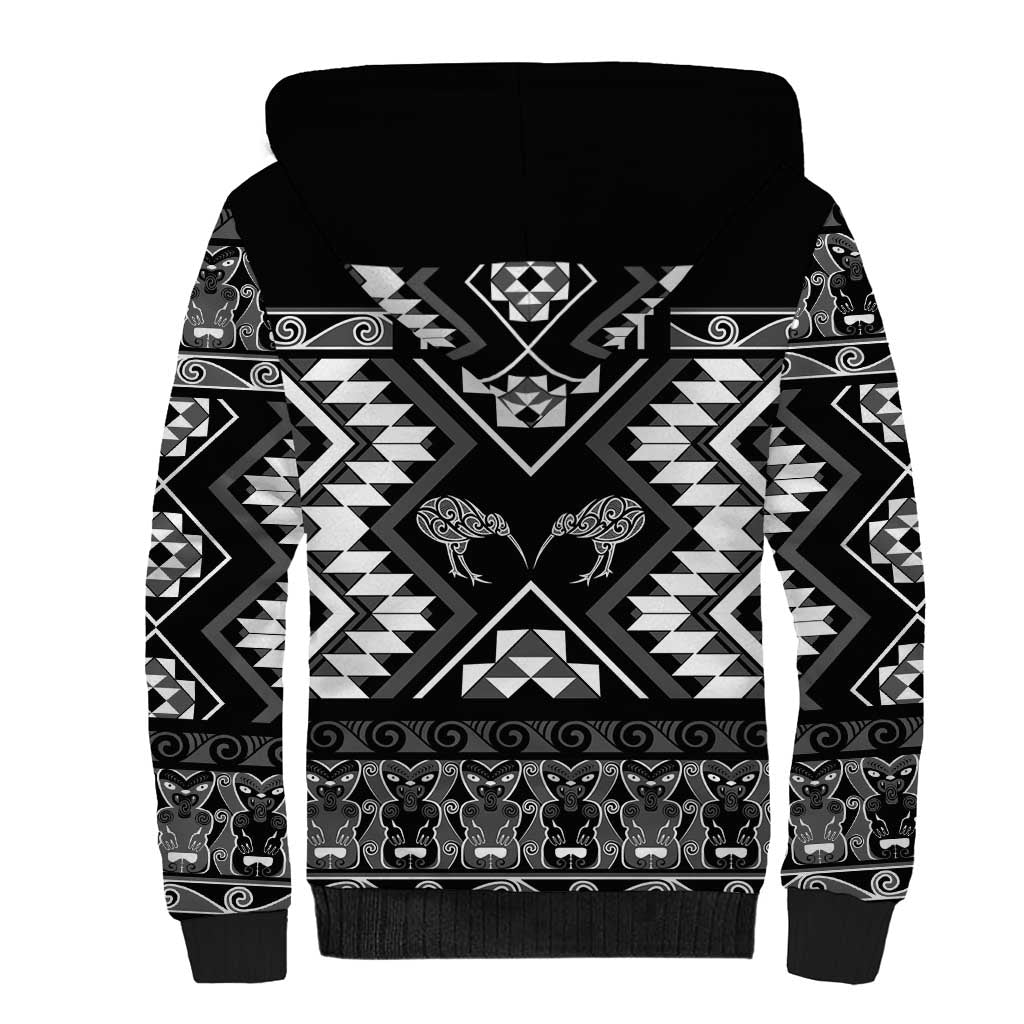 Personalised Taniko Motifs Aotearoa Sherpa Hoodie Waitangi Kowhaiwhai Kiwi - Monochrome