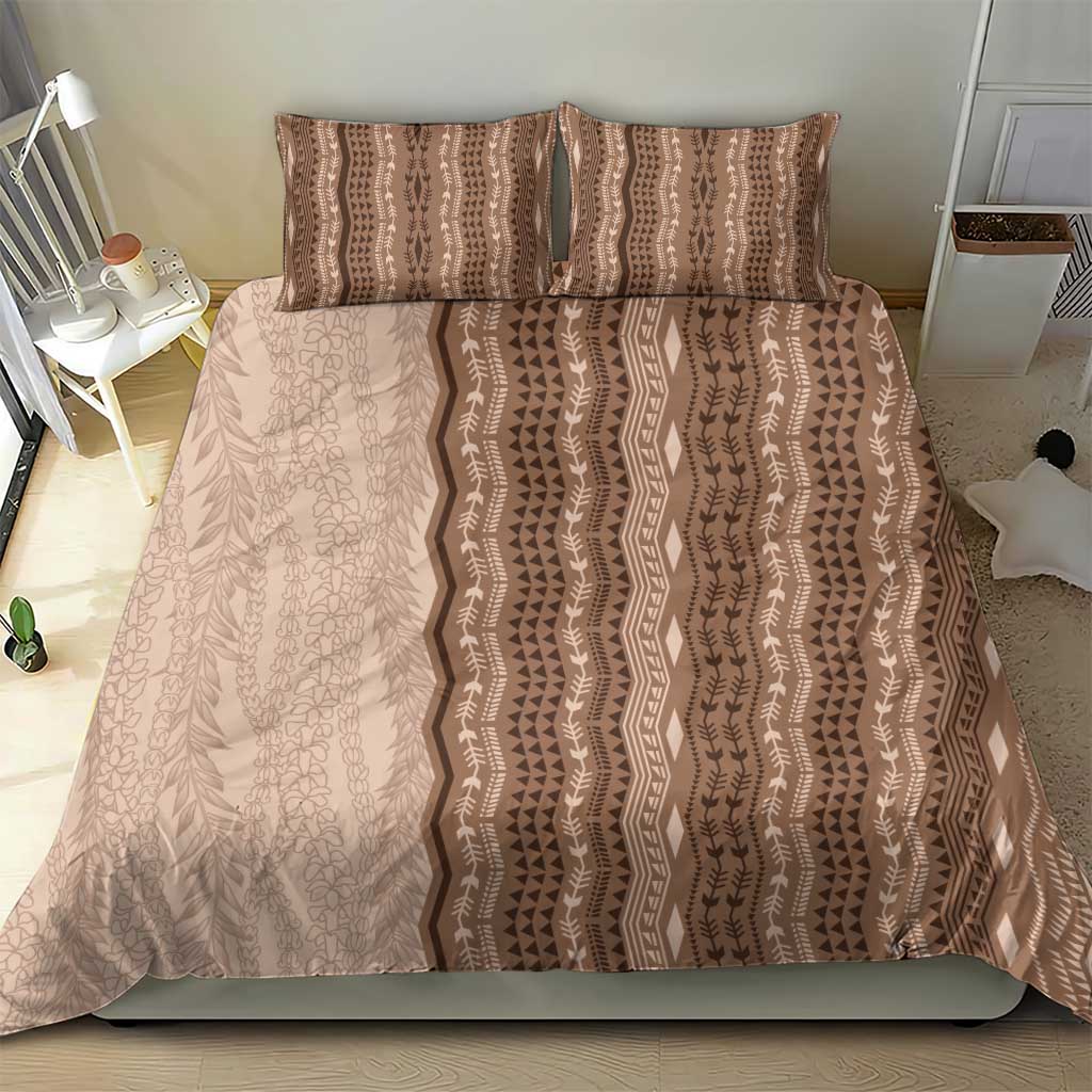 Vintage Beige Hawaiian Traditional Kapa Mix Flowers Lei Bedding Set