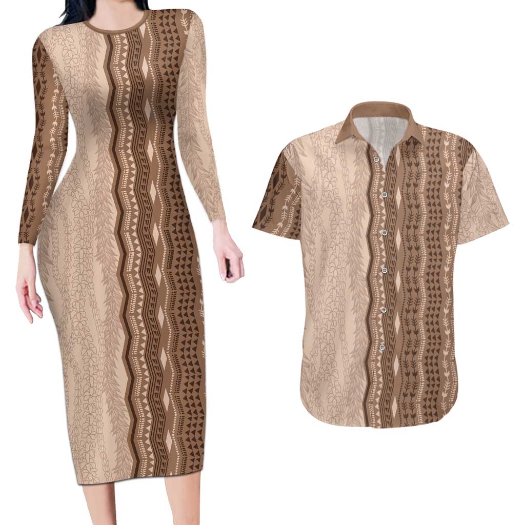 Vintage Beige Hawaiian Traditional Kapa Mix Flowers Lei Couples Matching Long Sleeve Bodycon Dress and Hawaiian Shirt