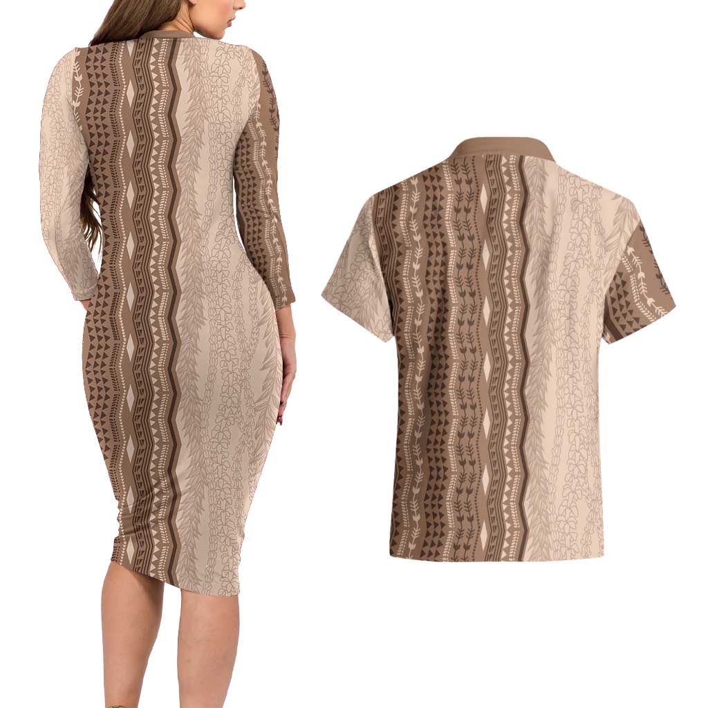 Vintage Beige Hawaiian Traditional Kapa Mix Flowers Lei Couples Matching Long Sleeve Bodycon Dress and Hawaiian Shirt