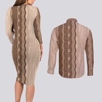 Vintage Beige Hawaiian Traditional Kapa Mix Flowers Lei Couples Matching Long Sleeve Bodycon Dress and Long Sleeve Button Shirt