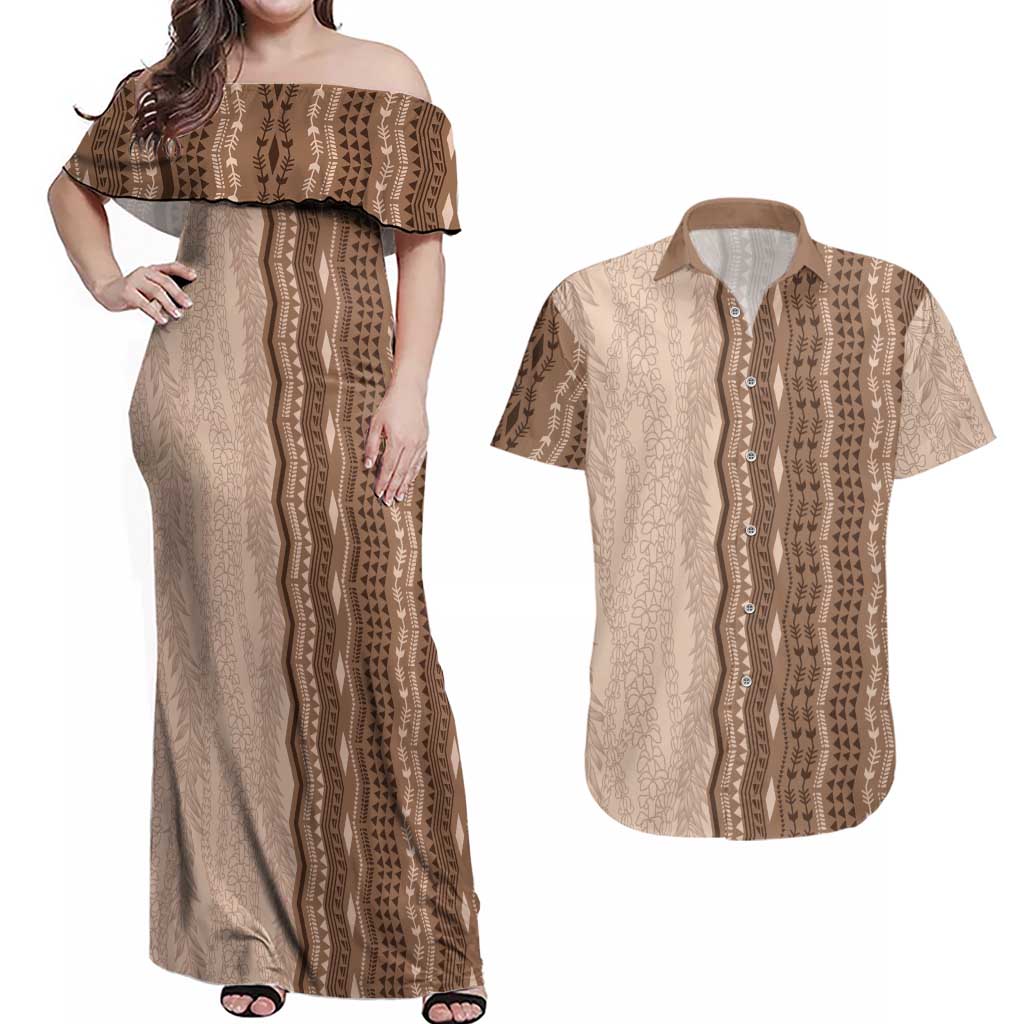 Vintage Beige Hawaiian Traditional Kapa Mix Flowers Lei Couples Matching Off Shoulder Maxi Dress and Hawaiian Shirt