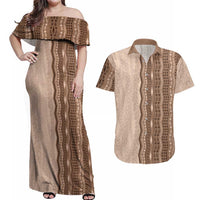 Vintage Beige Hawaiian Traditional Kapa Mix Flowers Lei Couples Matching Off Shoulder Maxi Dress and Hawaiian Shirt