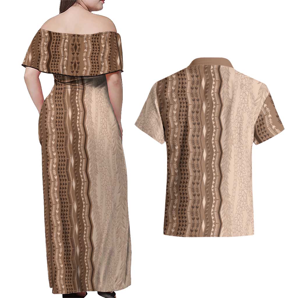 Vintage Beige Hawaiian Traditional Kapa Mix Flowers Lei Couples Matching Off Shoulder Maxi Dress and Hawaiian Shirt