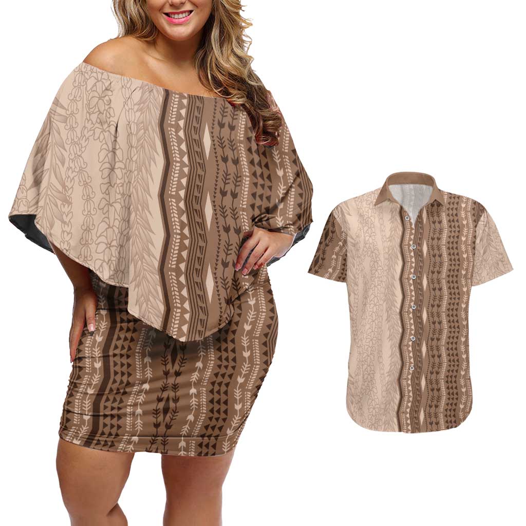 Vintage Beige Hawaiian Traditional Kapa Mix Flowers Lei Couples Matching Off Shoulder Short Dress and Hawaiian Shirt