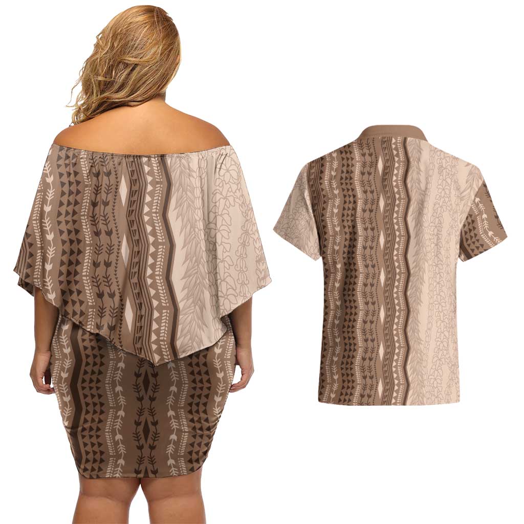 Vintage Beige Hawaiian Traditional Kapa Mix Flowers Lei Couples Matching Off Shoulder Short Dress and Hawaiian Shirt