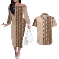 Vintage Beige Hawaiian Traditional Kapa Mix Flowers Lei Couples Matching Off The Shoulder Long Sleeve Dress and Hawaiian Shirt