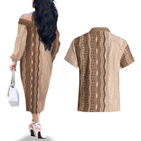 Vintage Beige Hawaiian Traditional Kapa Mix Flowers Lei Couples Matching Off The Shoulder Long Sleeve Dress and Hawaiian Shirt