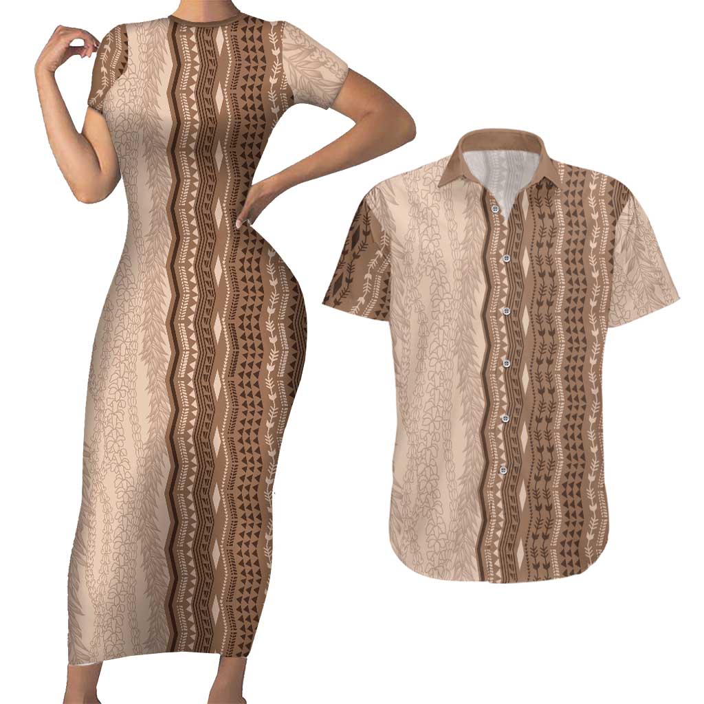 Vintage Beige Hawaiian Traditional Kapa Mix Flowers Lei Couples Matching Short Sleeve Bodycon Dress and Hawaiian Shirt