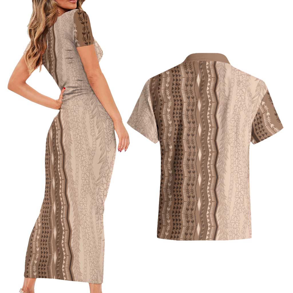 Vintage Beige Hawaiian Traditional Kapa Mix Flowers Lei Couples Matching Short Sleeve Bodycon Dress and Hawaiian Shirt