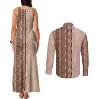 Vintage Beige Hawaiian Traditional Kapa Mix Flowers Lei Couples Matching Tank Maxi Dress and Long Sleeve Button Shirt